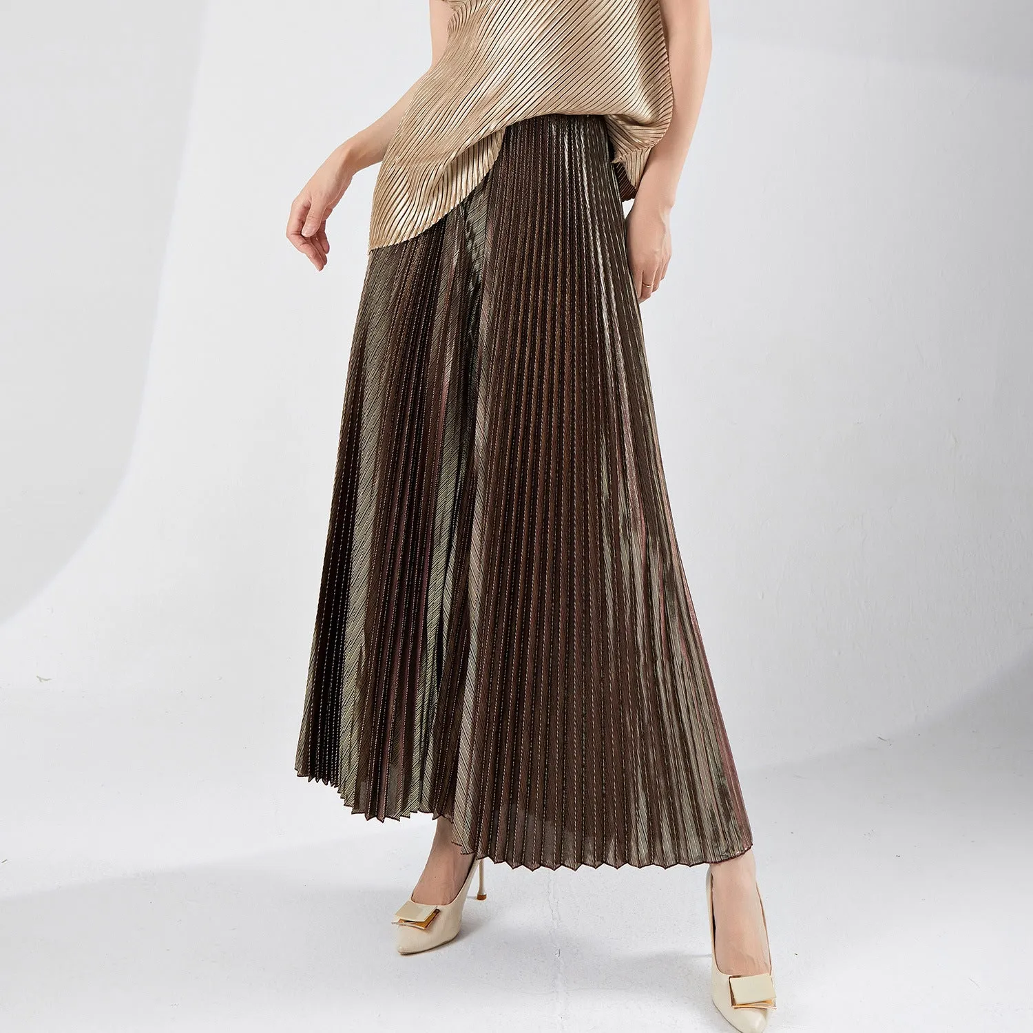 2025 Hot trade Sanzhai pants women's wide-leg pants fashionable new high-end loose large-size thin pleated pants bronzing pants
