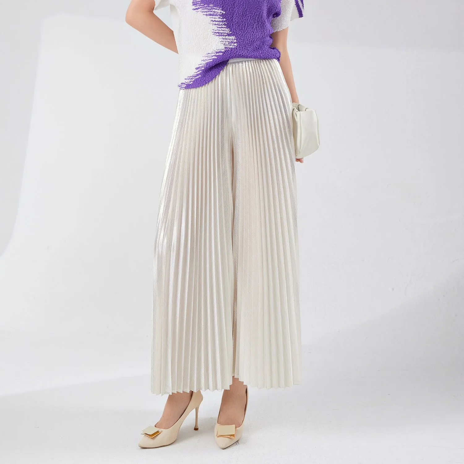2025 Hot trade Sanzhai pants women's wide-leg pants fashionable new high-end loose large-size thin pleated pants bronzing pants