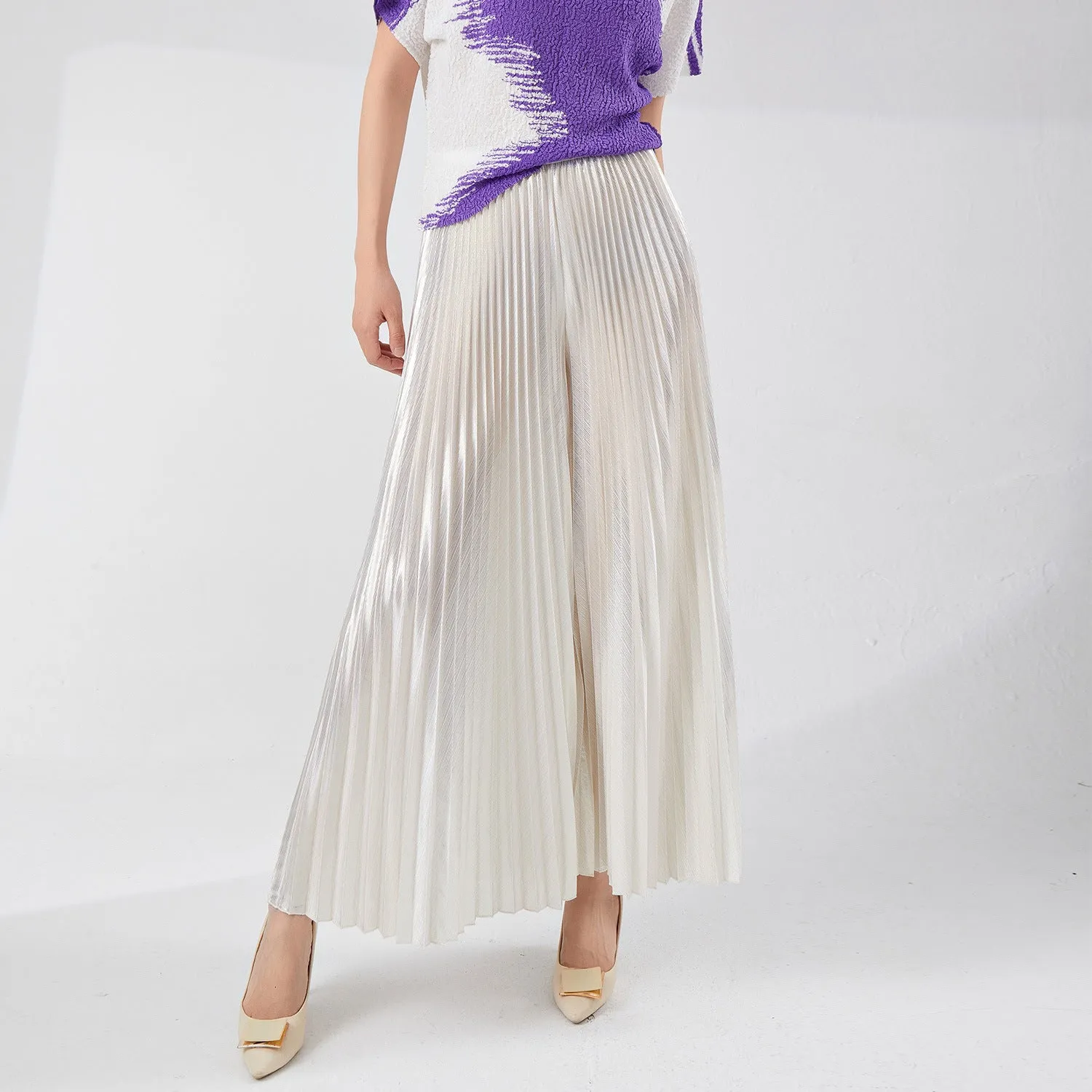 2025 Hot trade Sanzhai pants women's wide-leg pants fashionable new high-end loose large-size thin pleated pants bronzing pants