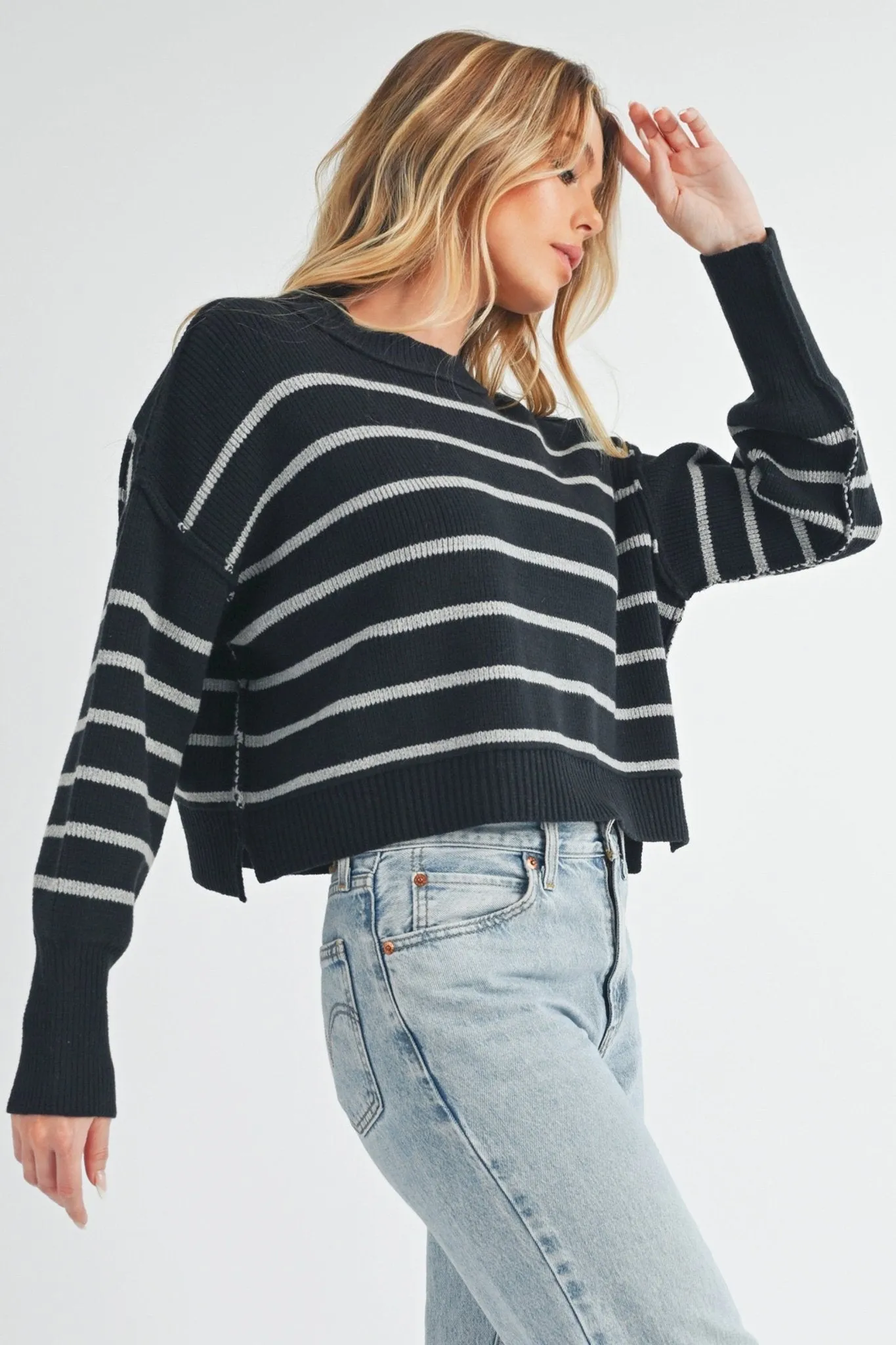 Aemi   Co Side Slit Striped Round Neck Knit Top