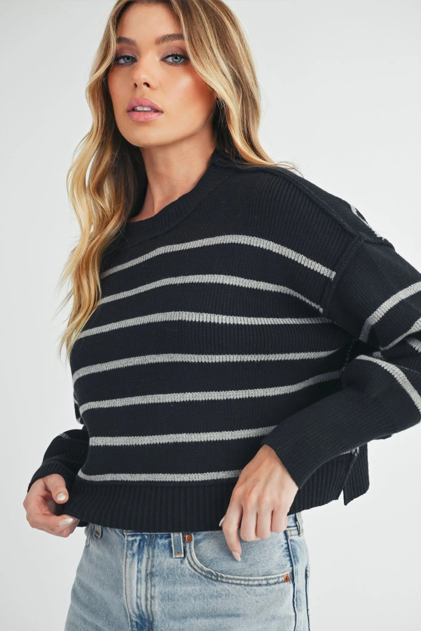 Aemi   Co Side Slit Striped Round Neck Knit Top