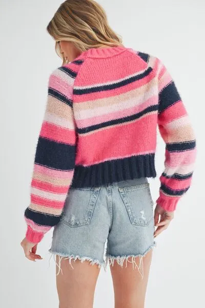 Aemi   Co Striped Ribbed Neckline Raglan Sleeve Sweater