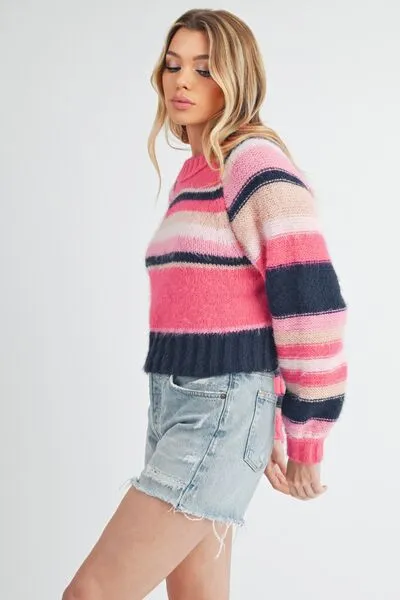 Aemi   Co Striped Ribbed Neckline Raglan Sleeve Sweater