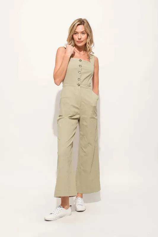 And The Why Square Neck Button Down Cropped Wide Leg Jumpsuit