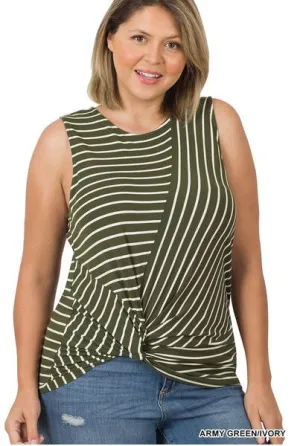 Army Green Striped Knot-Front Top - Plus