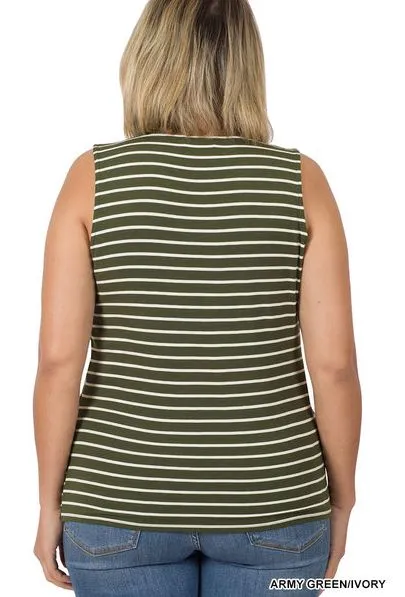 Army Green Striped Knot-Front Top - Plus