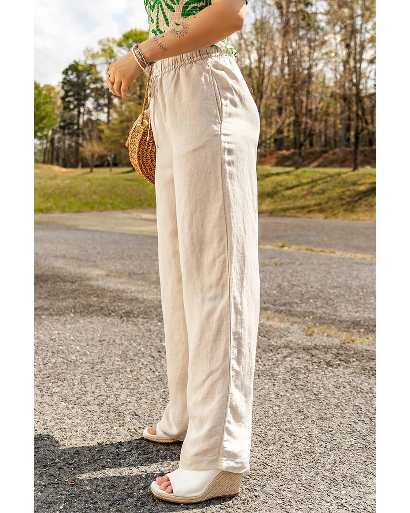 Azura Exchange Elastic Linen Drawstring Waist Pants - L