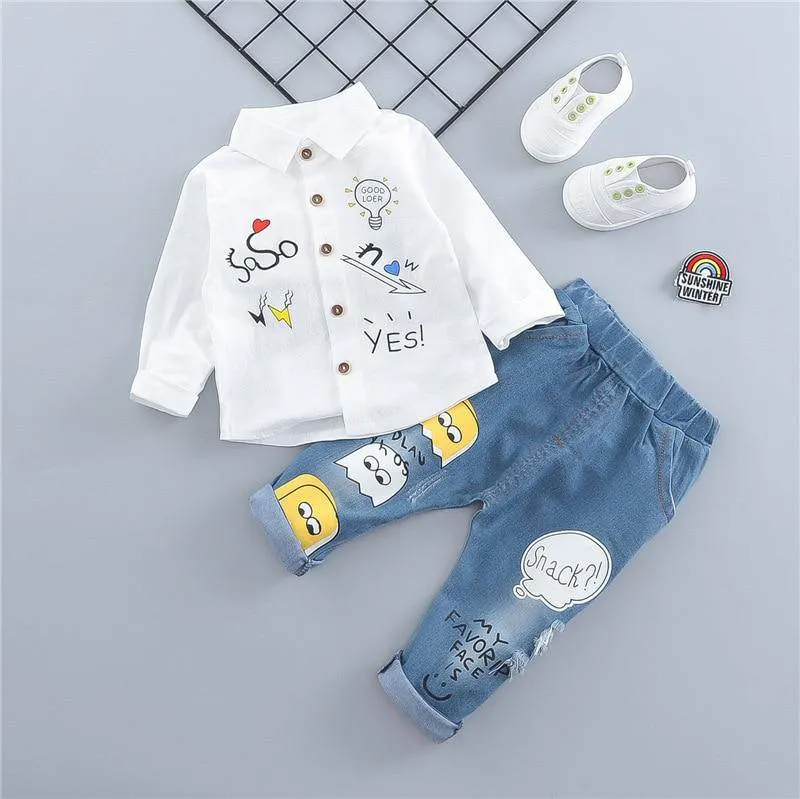 Baby Fashion Embroidery Long Sleeve Shirt & Denim Pants Set