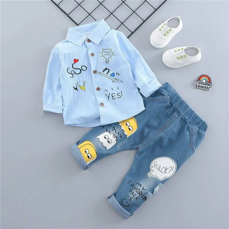 Baby Fashion Embroidery Long Sleeve Shirt & Denim Pants Set