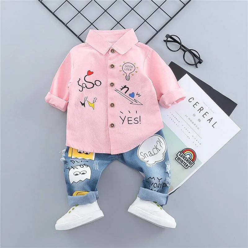 Baby Fashion Embroidery Long Sleeve Shirt & Denim Pants Set