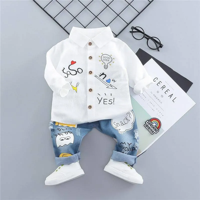 Baby Fashion Embroidery Long Sleeve Shirt & Denim Pants Set