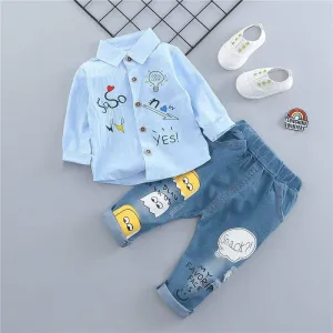 Baby Fashion Embroidery Long Sleeve Shirt & Denim Pants Set