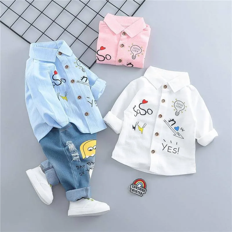 Baby Fashion Embroidery Long Sleeve Shirt & Denim Pants Set