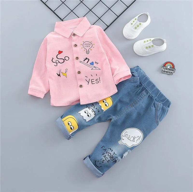 Baby Fashion Embroidery Long Sleeve Shirt & Denim Pants Set