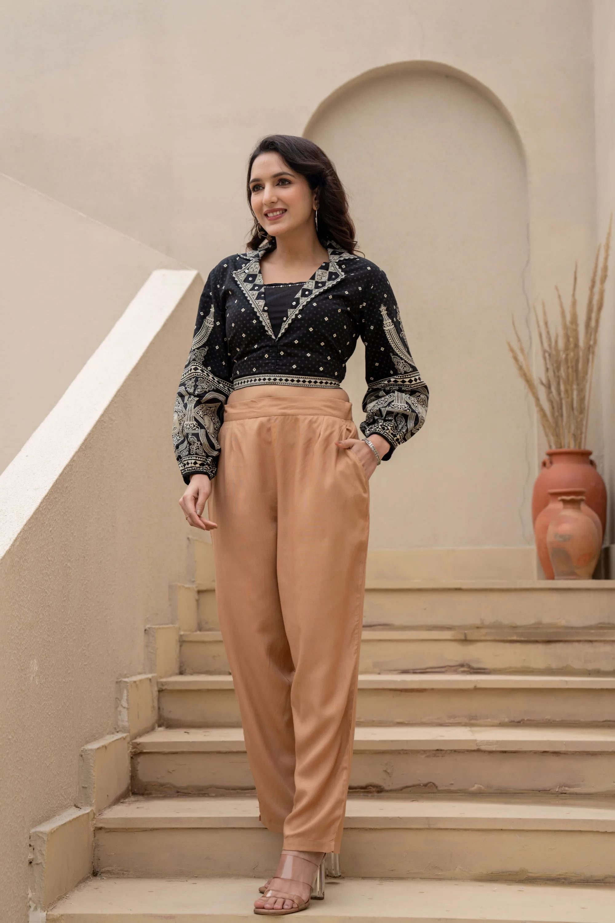 Beige Solid Viscose Pants