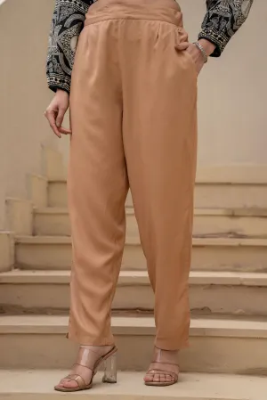 Beige Solid Viscose Pants