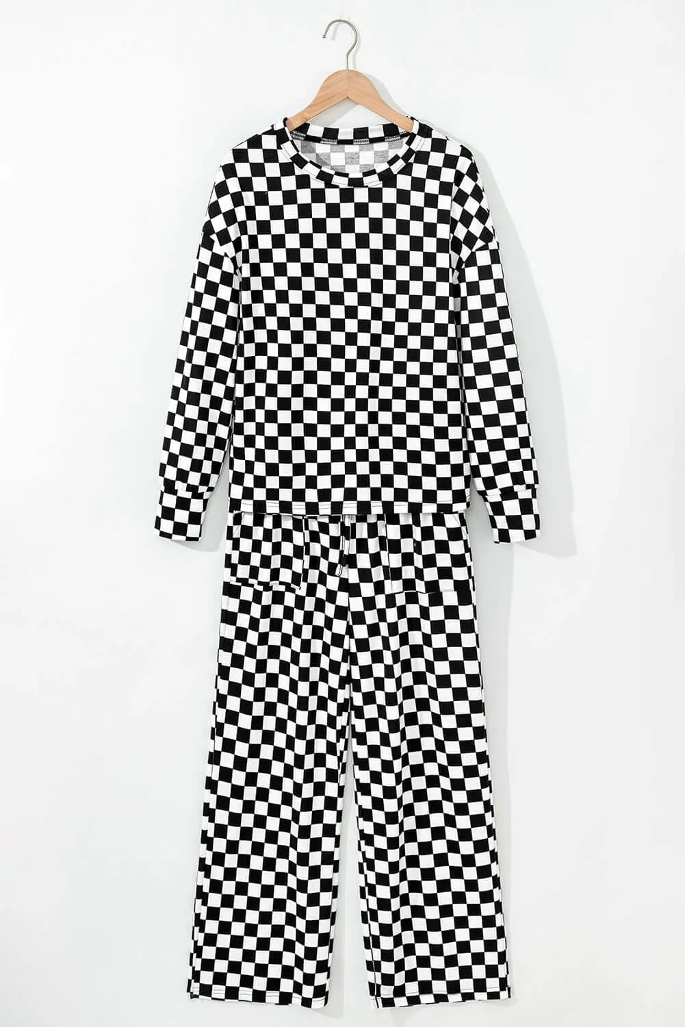 Black Checkered Print Long Sleeve Top and Pants Lounge Set