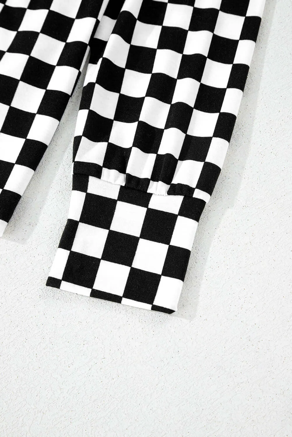 Black Checkered Print Long Sleeve Top and Pants Lounge Set