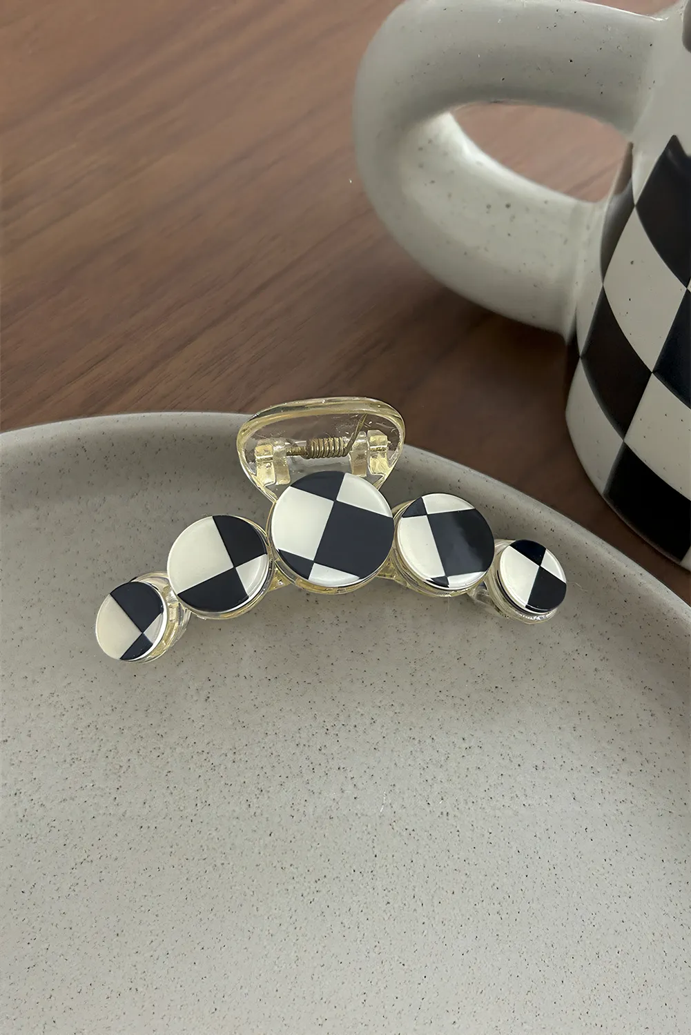 Black Checkered Print Plastic Resin Large Hair Clip
