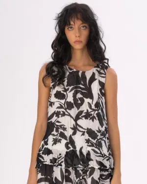 Boat Neck Crinkled Floral Tank Top