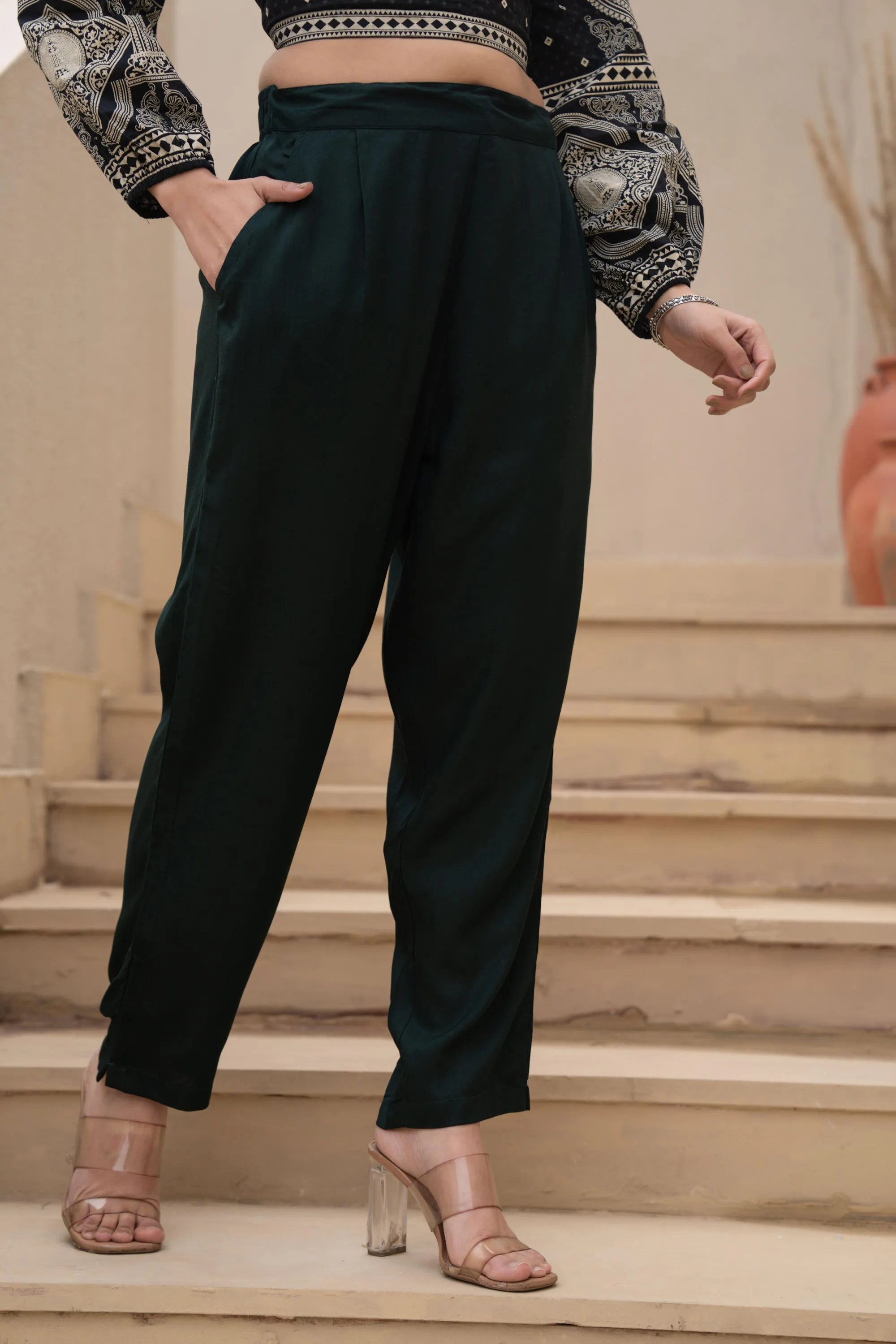 Bottle Green  Solid Viscose Pants