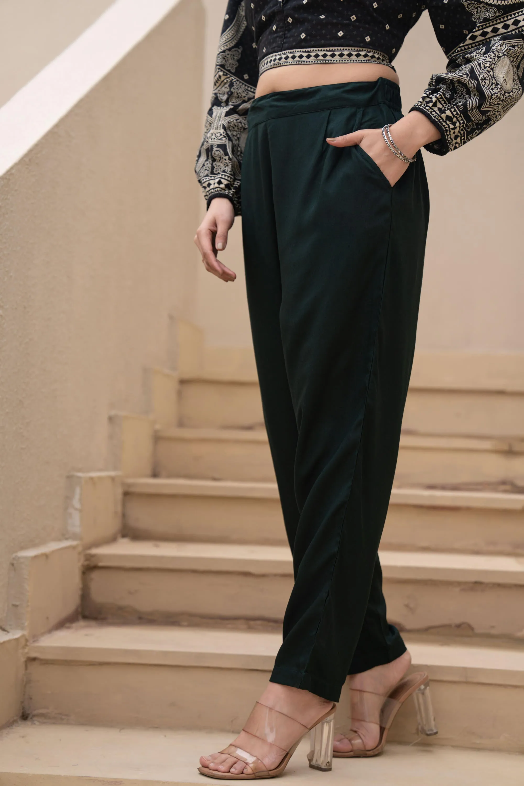 Bottle Green  Solid Viscose Pants
