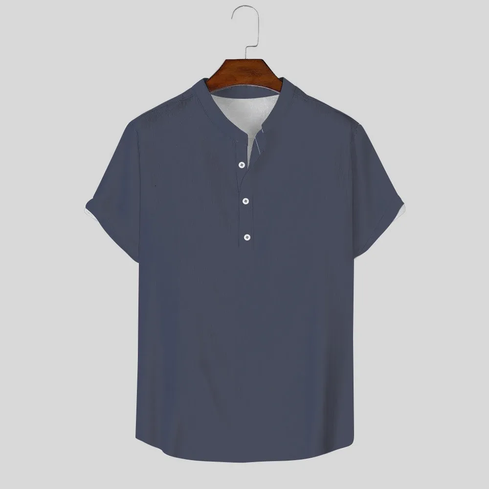Breathable And Comfortable Cotton And Linen Stand-Up Collar Half-Lapel Short-Sleeved Shirt 2405000991