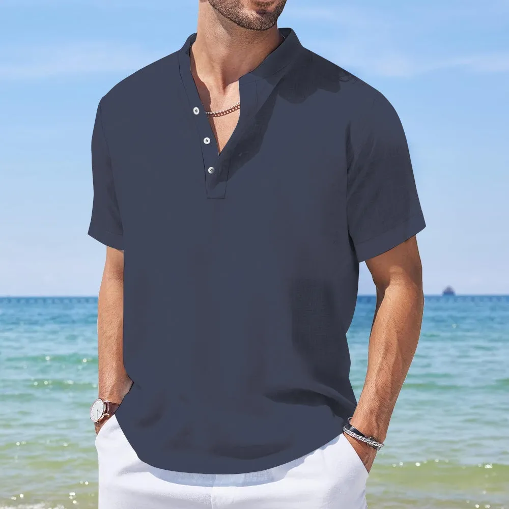 Breathable And Comfortable Cotton And Linen Stand-Up Collar Half-Lapel Short-Sleeved Shirt 2405000991