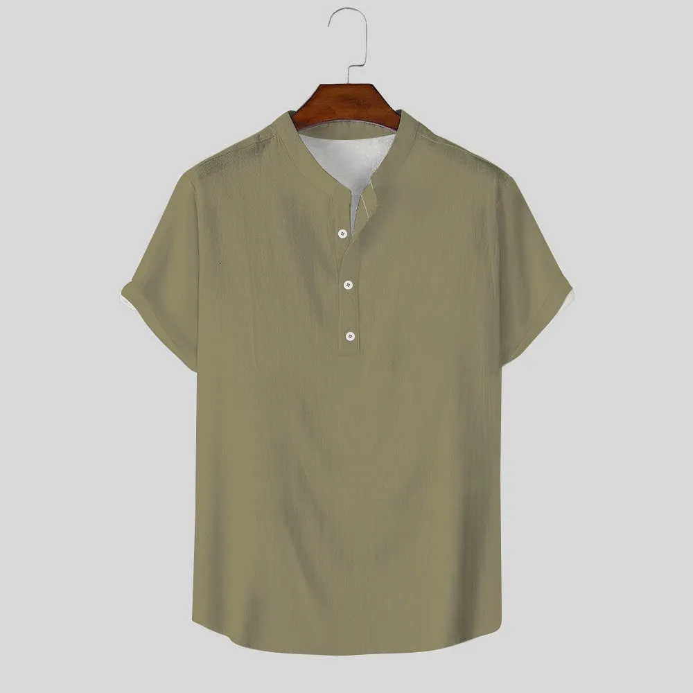 Breathable And Comfortable Cotton And Linen Stand-Up Collar Half-Lapel Short-Sleeved Shirt 2405000991