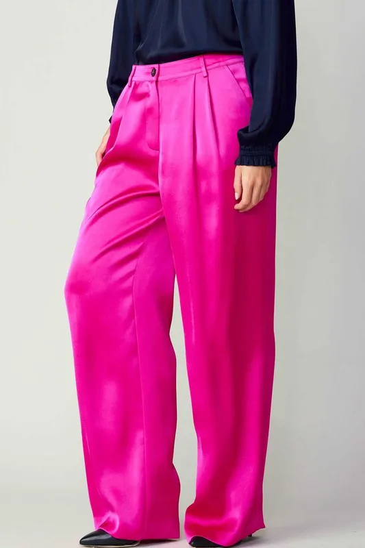 Buttoned Silky Pants (Black, Fuchsia)