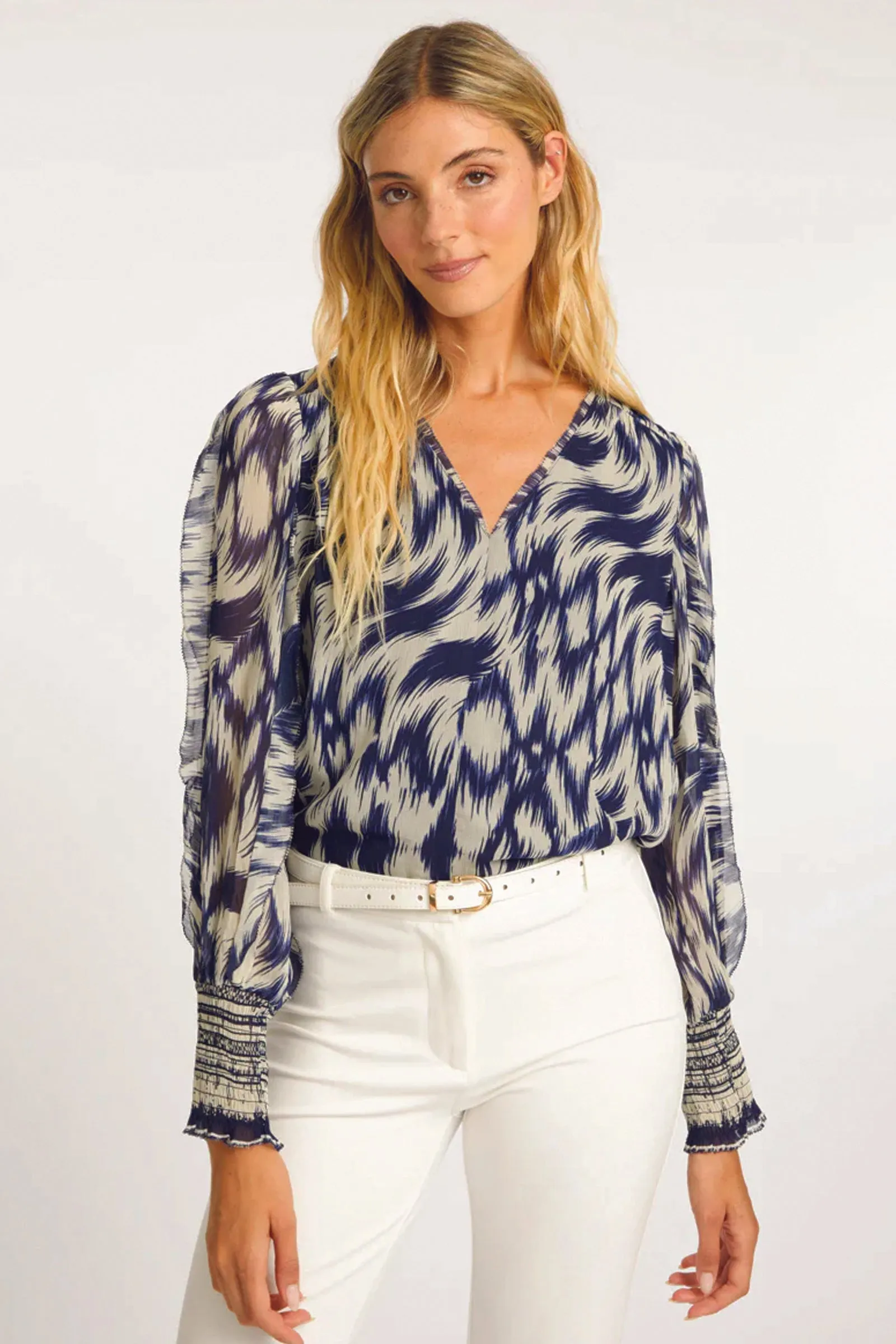 Caballero Long Sleeve Flora Top in Blue Katsuri