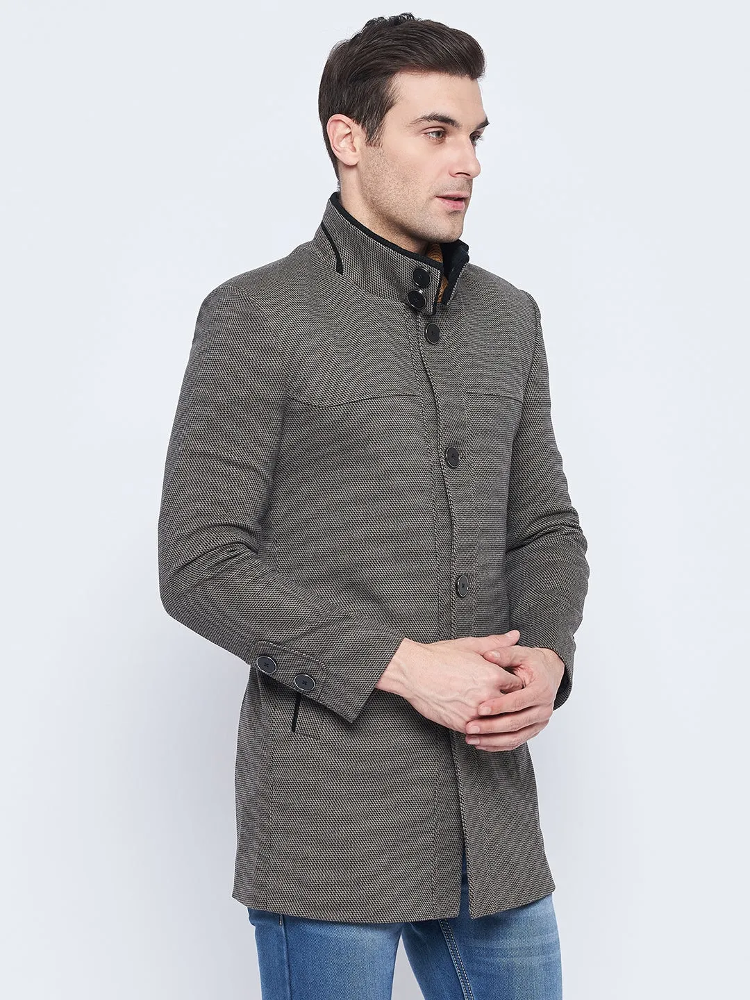 Camla Barcelona Stand Collar Chequered Black Woolen Coat