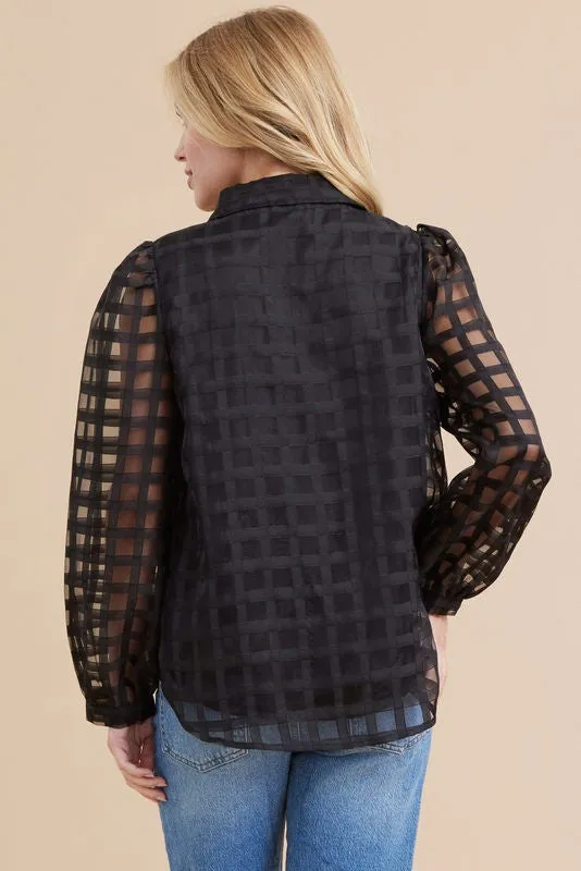 Cassie Check Textured Organza Collar Top in Black