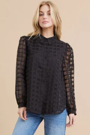 Cassie Check Textured Organza Collar Top in Black