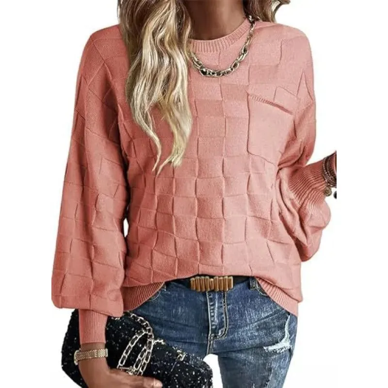 Casual Cotton Boat Neck Knit Sweater with Checkered Long Sleeves for Women | Ideal for Spring