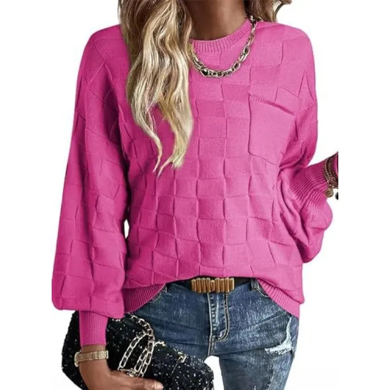 Casual Cotton Boat Neck Knit Sweater with Checkered Long Sleeves for Women | Ideal for Spring