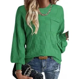 Casual Cotton Boat Neck Knit Sweater with Checkered Long Sleeves for Women | Ideal for Spring