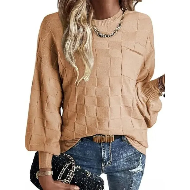 Casual Cotton Boat Neck Knit Sweater with Checkered Long Sleeves for Women | Ideal for Spring