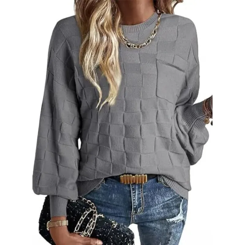 Casual Cotton Boat Neck Knit Sweater with Checkered Long Sleeves for Women | Ideal for Spring