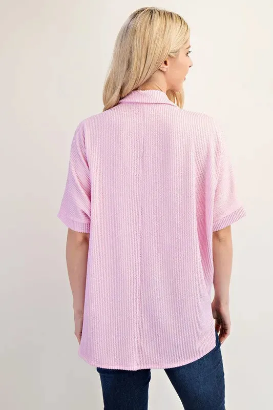 Celeste Full Size Rib Knit Collared Top with Striped Pockets Plus Size
