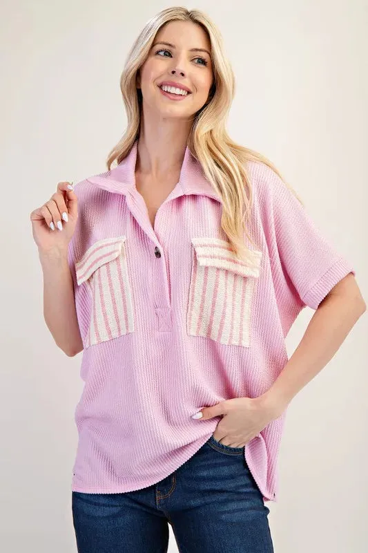 Celeste Full Size Rib Knit Collared Top with Striped Pockets Plus Size