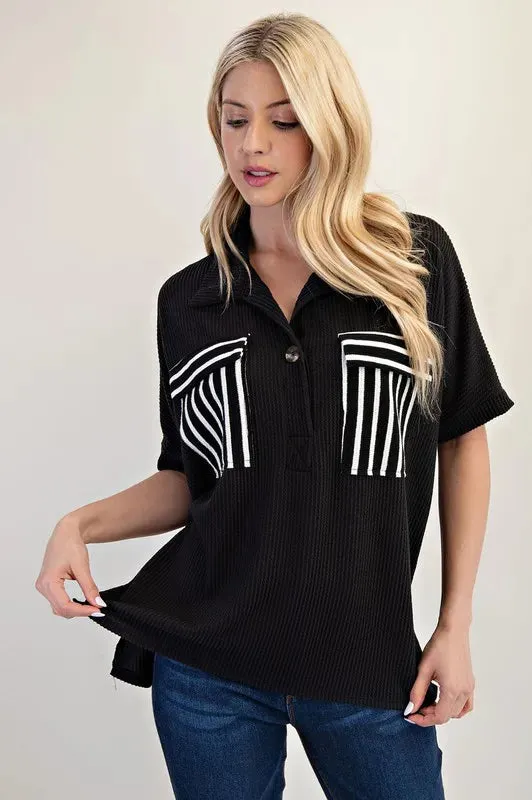 Celeste Full Size Rib Knit Collared Top with Striped Pockets Plus Size