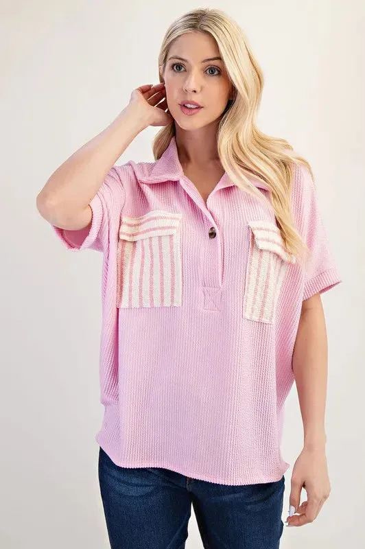 Celeste Full Size Rib Knit Collared Top with Striped Pockets Plus Size