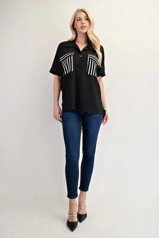 Celeste Full Size Rib Knit Collared Top with Striped Pockets Plus Size