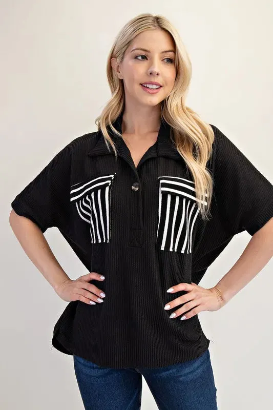 Celeste Full Size Rib Knit Collared Top with Striped Pockets Plus Size