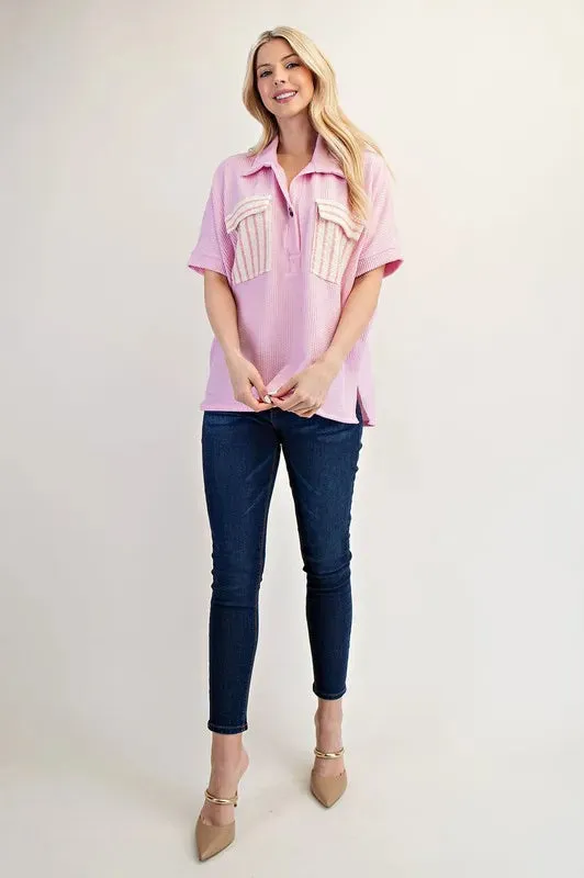 Celeste Full Size Rib Knit Collared Top with Striped Pockets Plus Size