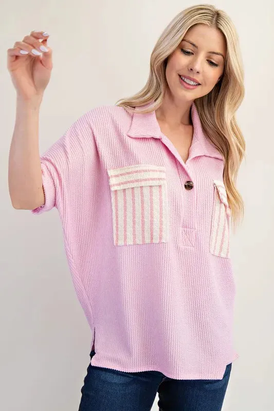 Celeste Full Size Rib Knit Collared Top with Striped Pockets Plus Size