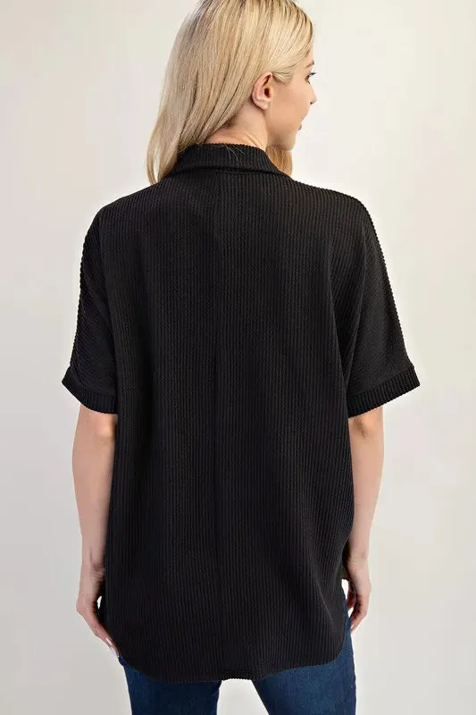 Celeste Full Size Rib Knit Collared Top with Striped Pockets Plus Size