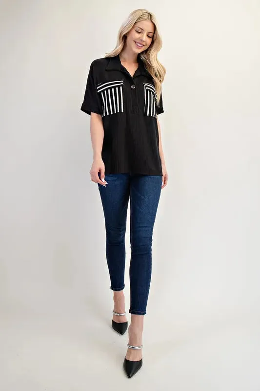 Celeste Full Size Rib Knit Collared Top with Striped Pockets Plus Size