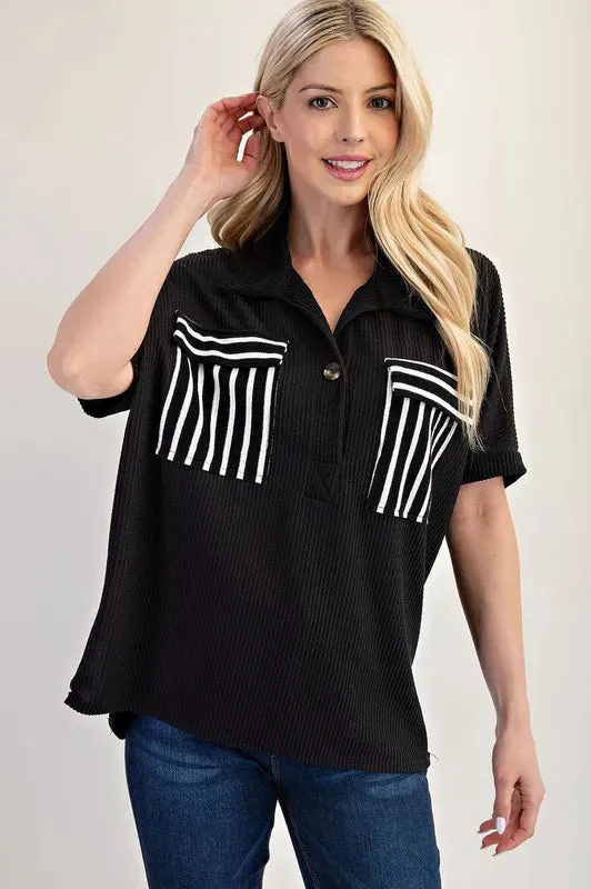 Celeste Full Size Rib Knit Collared Top with Striped Pockets Plus Size